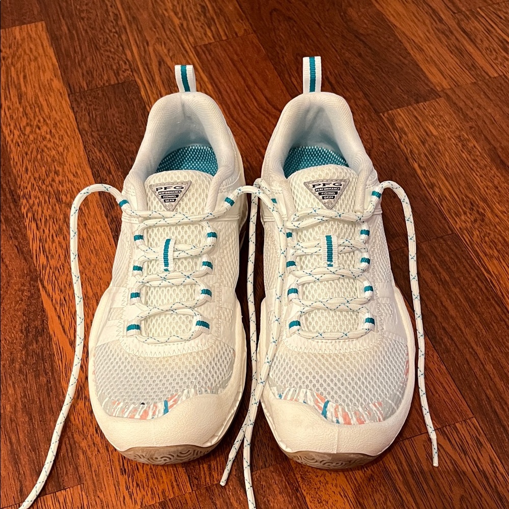 Columbia Women’s PFG Pro Sport Sneakers White and Ocean Teal